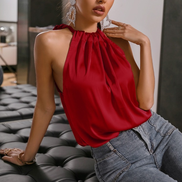 Boho Burgundy Red satin halter top summer Minimalist - Picture 8 of 12